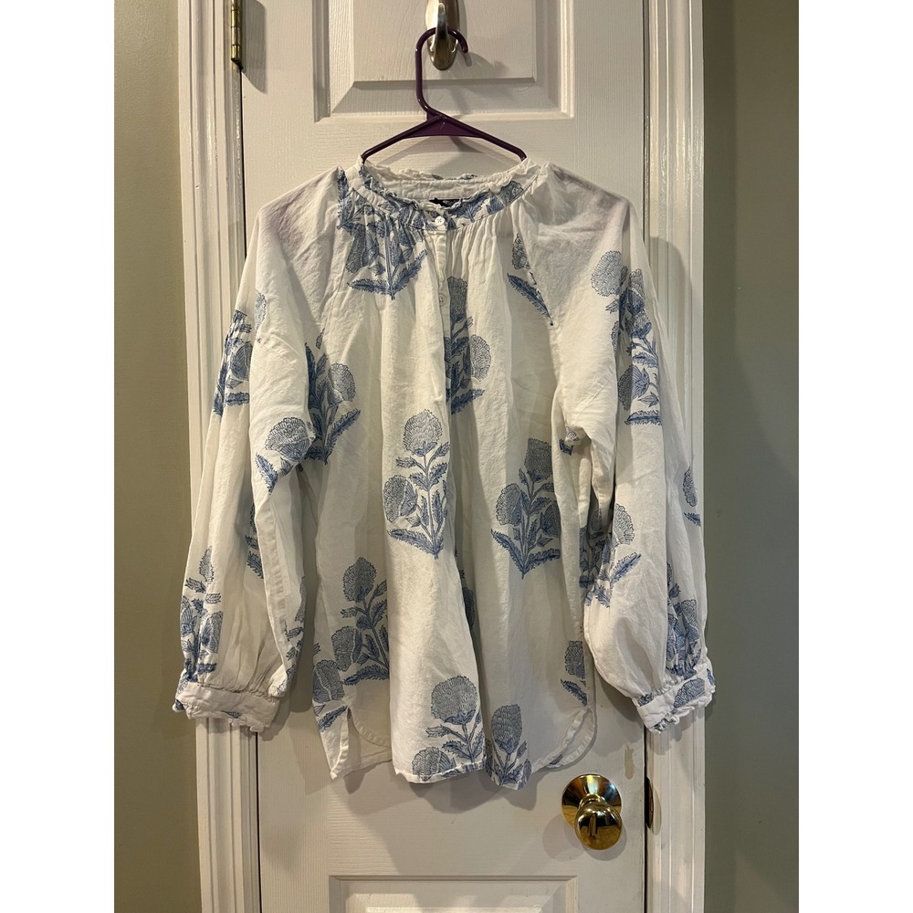 Madison Mathews Blue White Floral Block Print Cotton Blouse Tunic XL